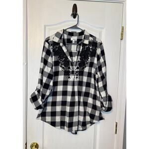 Womens SONOMA Buffalo Plaid Black White Flannel Embroider Top - XL